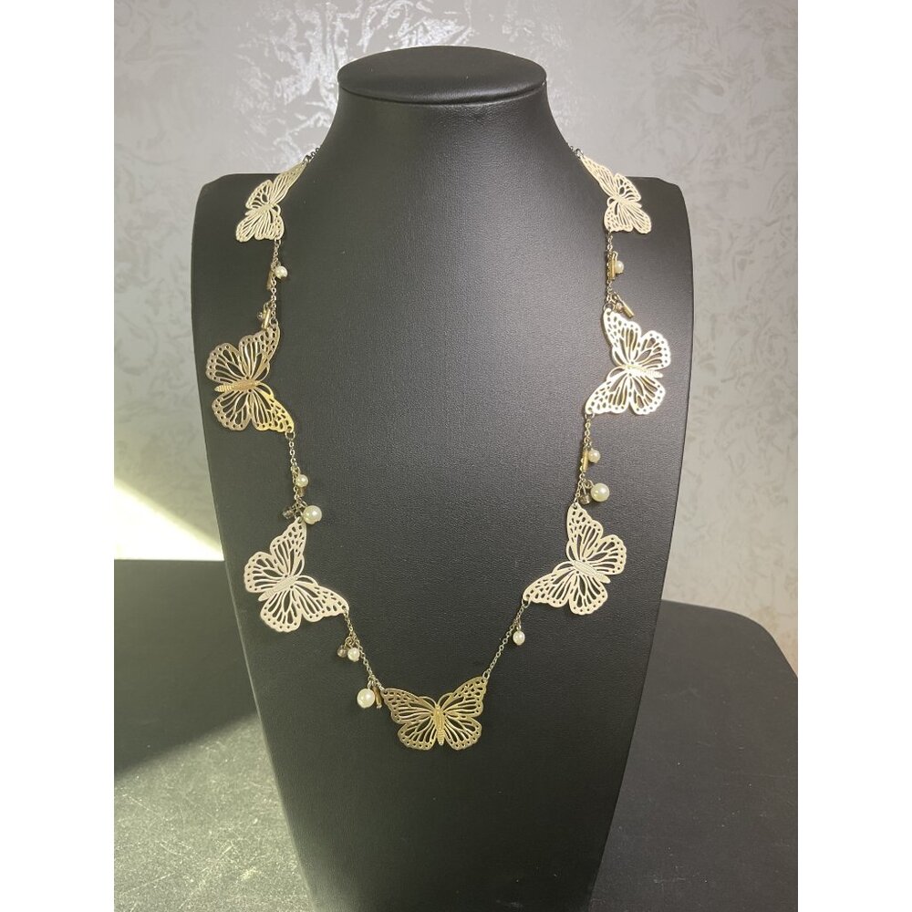 Clairs Pearl Bead Gold and White Butterfly Cottagecore Necklace